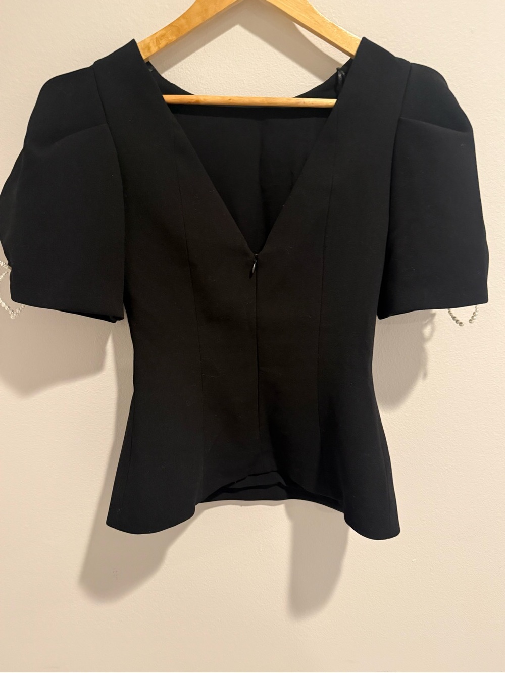 Zara Pearl Bow Puff Sleeve Peplum Top Black Size Small NWT Elegant Luxury - Picture 7 of 11